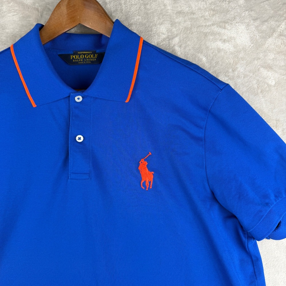 Polo Golf Ralph Lauren Mens Performance Polo Shirt Blue Orange Pro Fit Large